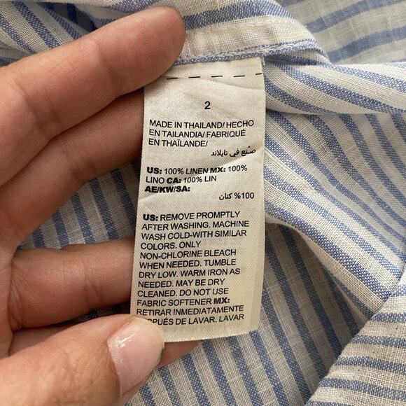 Chicos No Iron 100% Linen Shirt 2 Button Up Blue Striped Beachy Coastal Preppy - Picture 11 of 15